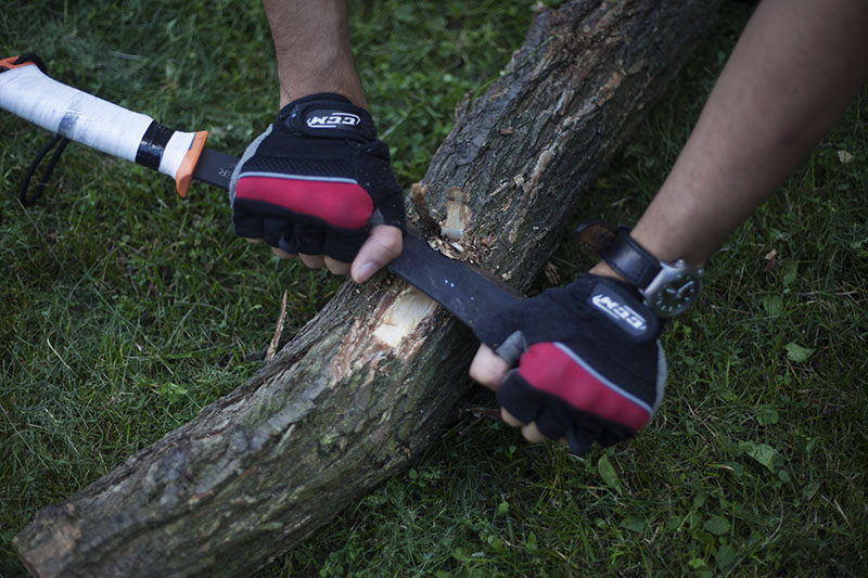 bark shaving with machete knife